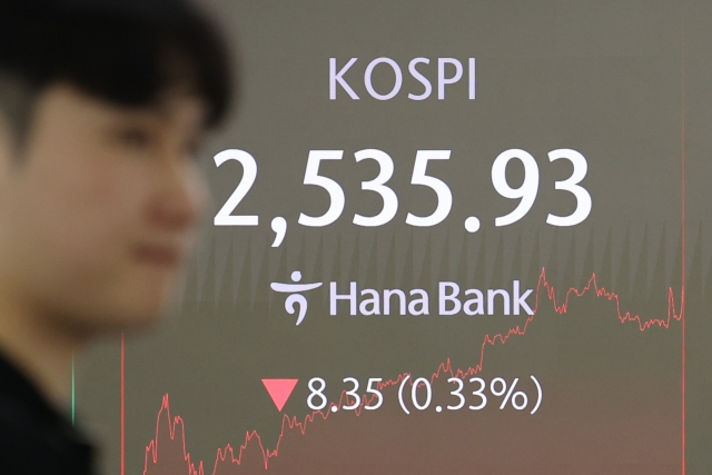 An electronic board shows the benchmark Kospi closing at 2,535.93 , down 8.35 points or 0.33 percent from the previous trading day, at a dealing room of the Hana Bank headquarters in Seoul on Monday. (Yonhap)