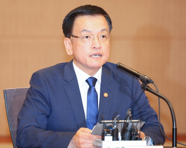 Finance Minister Choi Sang-mok speaks during a meeting in Seoul on Thursday, in this photo released by the Ministry of Economy and Finance. (Yonhap)