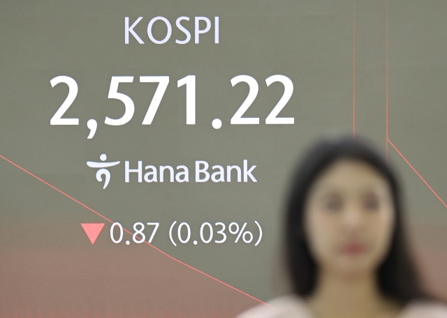 An electronic board showing the Korea Composite Stock Price Index at a dealing room of the Hana Bank headquarters in Seoul on Friday. (Yonhap)