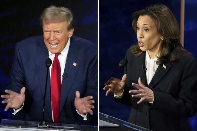 This combination of photos shows Republican presidential nominee former President Donald Trump, left, and Democratic presidential nominee Vice President Kamala Harris during an ABC News presidential debate at the National Constitution Center, on Tuesday, in Philadelphia. (AP)