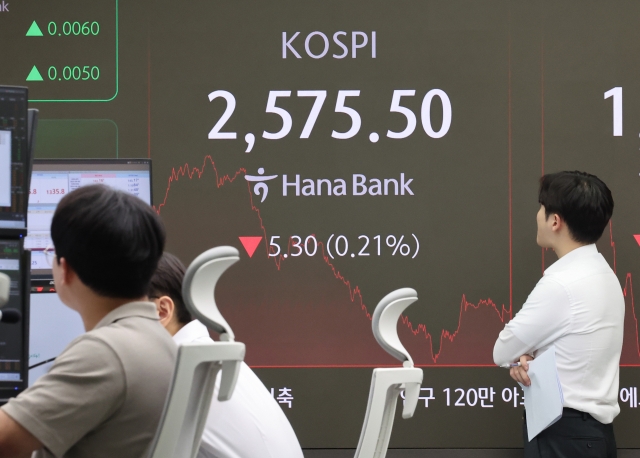 An electronic board showing the Korea Composite Stock Price Index at a dealing room of the Hana Bank headquarters in Seoul on Thursday. (Yonhap)