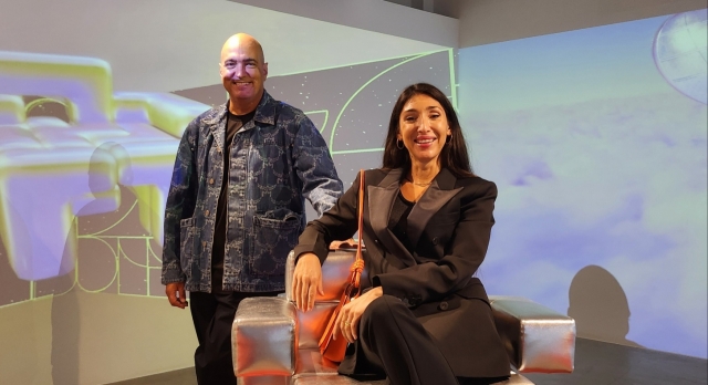 Alberto Biagetti (left) and Laura Baldassari, founders of the design studio Atelier Biagetti, pose for a photo ahead of an interview with The Korea Herald at MCM Haus in Seoul on Monday. (Choi Si-young/The Korea Herald)