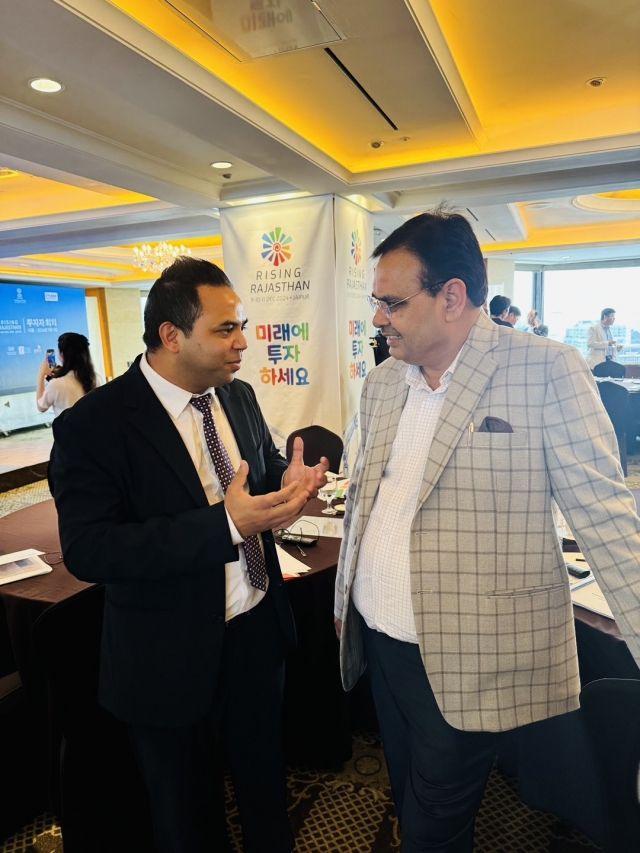 Rajasthan’s Chief Minister Bhajan Lal Sharma (right) interacts with The Korea Herald at a roadshow of the Rising Rajasthan investors’ meet at Lotte Hotel in Jung-gu, Seoul on Monday. (Sanjay Kumar/ The Korea Herald)