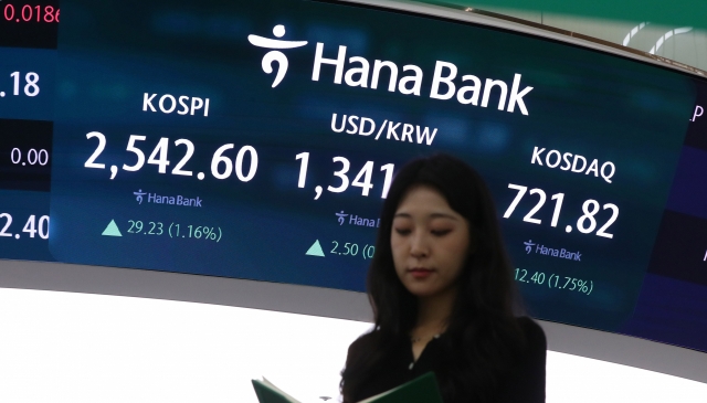 An electronic board showing the Korea Composite Stock Price Index at a dealing room of the Hana Bank headquarters in Seoul on Thursday. (Yonhap)