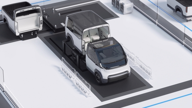 Kia's Easy Swap technology, demonstrated at CES 2024, enables seamless swapping of modular components using a hybrid magnetic and mechanical fastening system, transforming the vehicle for various functions such as delivery, office use, or leisure. (Kia)