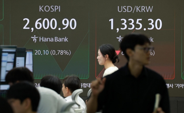 An electronic board showing the Korea Composite Stock Price Index at a dealing room of the Hana Bank headquarters in Seoul on Thursday. (Yonhap)