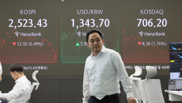 An electronic board showing the Korea Composite Stock Price Index at a dealing room of the Hana Bank headquarters in Seoul on Tuesday.