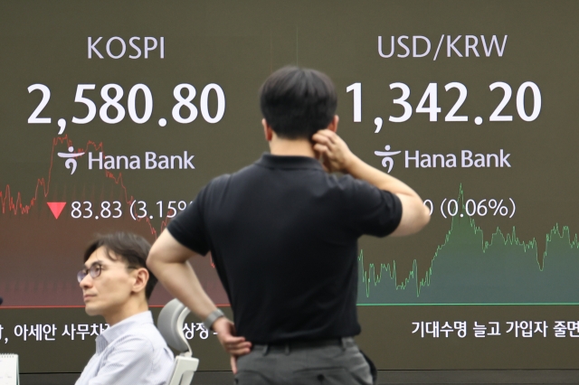 An electronic board showing the Korea Composite Stock Price Index at a dealing room of the Hana Bank headquarters in Seoul on Wednesday. (Yonhap)