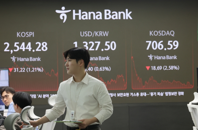 An electronic board showing the Korea Composite Stock Price Index at a dealing room of the Hana Bank headquarters in Seoul on Friday. (Yonhap)